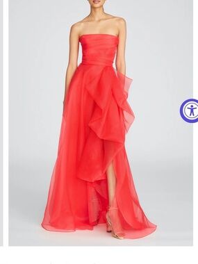 Theia Strapless Coral-Red Layered Organza Gown